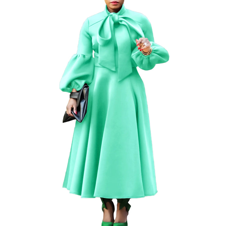 Elegant Dresses for Women Bow Collar Full Sleeve High Waisted Pleated Mid Calf Luxury Birthday Party Dinner Vestidos Mujer Dress