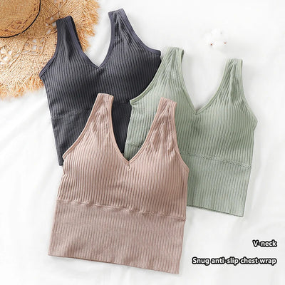 Bra Tops Summer V Neck Rib Crop Tank Top With Detachable Bra Pads Sleevelss Solid Color Backless Sporty Bra Top
