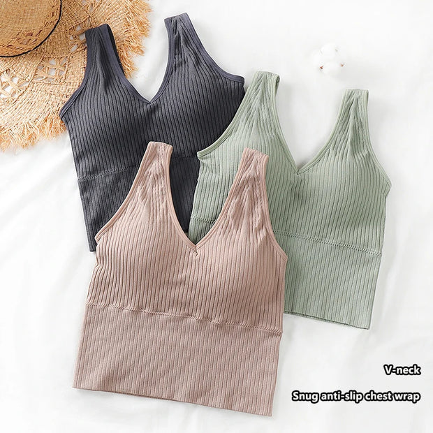 Bra Tops Summer V Neck Rib Crop Tank Top With Detachable Bra Pads Sleevelss Solid Color Backless Sporty Bra Top