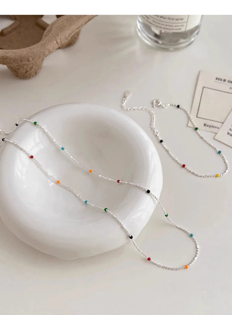 925 Silver Sterling Silver Necklace With Simple Geometric Multicolour Beads Choker Shiny Delicate Collarbone Chain For Women's