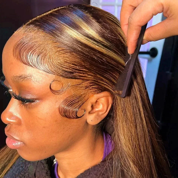 highlight 13x6 HD Front Wigs Transparent Lace 30 40 Inches P4/27 straight human hair Wig Brazilian Colored human hair for women