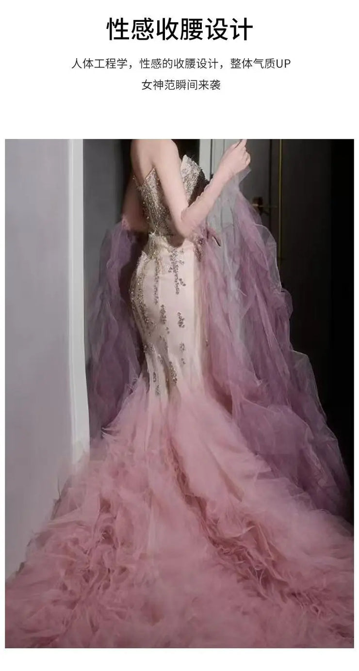 Woman's Dresses Pink Evening Dress High-End Light Luxury Niche Strapless Bridal Engagement Dress Elegant Evening Dress