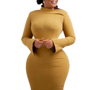 Dresses for Women 2024 New Skew Collar Full Sleeve Solid Sheath Package Hips Mid Calf Professional African Business Work Dress