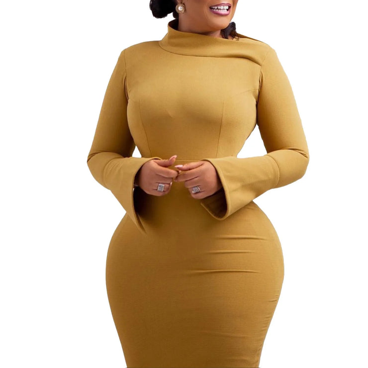 Dresses for Women 2024 New Skew Collar Full Sleeve Solid Sheath Package Hips Mid Calf Professional African Business Work Dress