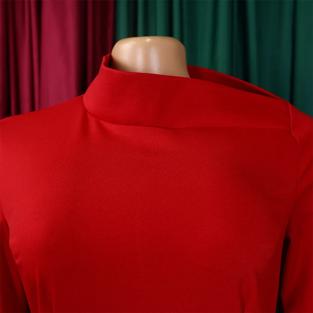 Dresses for Women 2024 New Skew Collar Full Sleeve Solid Sheath Package Hips Mid Calf Professional African Business Work Dress