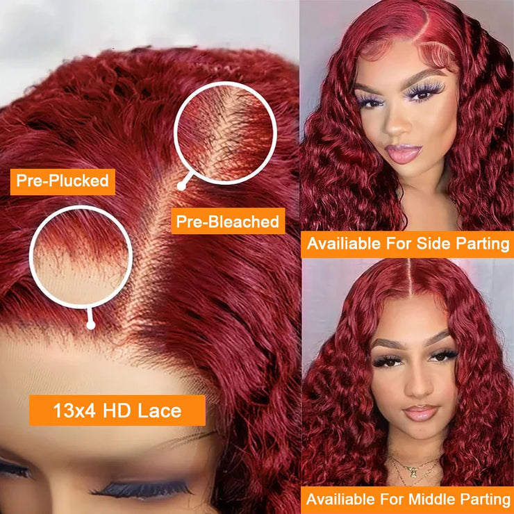 ISHINE Reddish Brown Deep Curly 13x4 Lace Frontal Wig Human Hair 13x6 Curly 34 Inch HD Lace Front Wigs Red Wine Water Wave