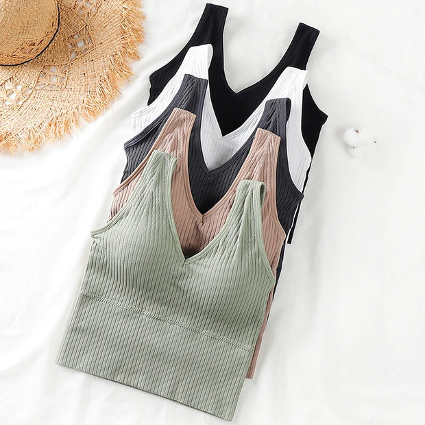 Bra Tops Summer V Neck Rib Crop Tank Top With Detachable Bra Pads Sleevelss Solid Color Backless Sporty Bra Top