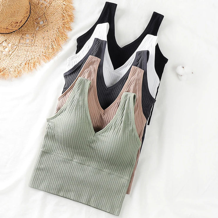 Bra Tops Summer V Neck Rib Crop Tank Top With Detachable Bra Pads Sleevelss Solid Color Backless Sporty Bra Top