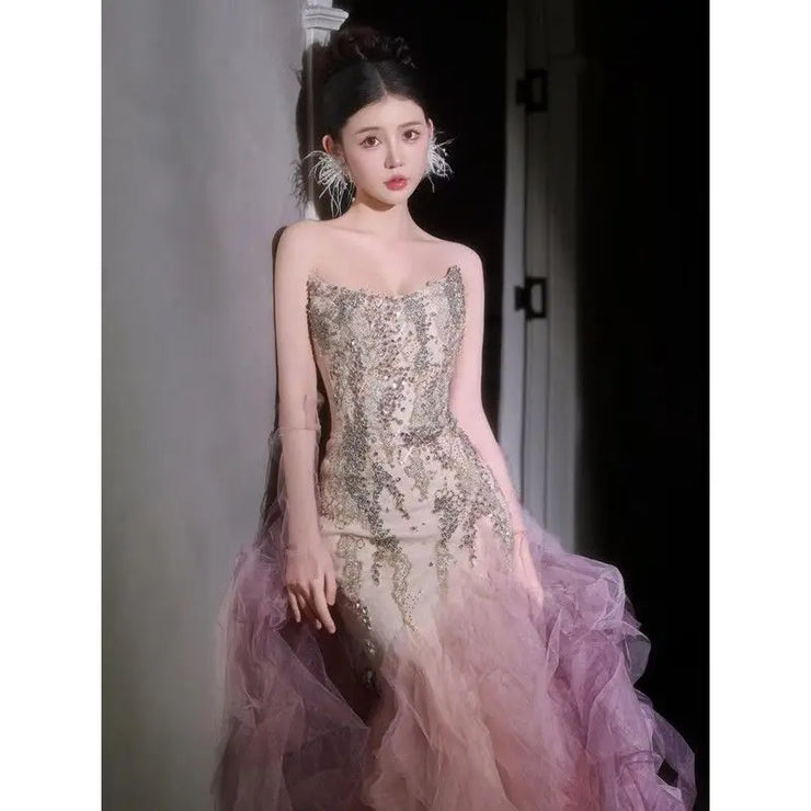 Woman's Dresses Pink Evening Dress High-End Light Luxury Niche Strapless Bridal Engagement Dress Elegant Evening Dress