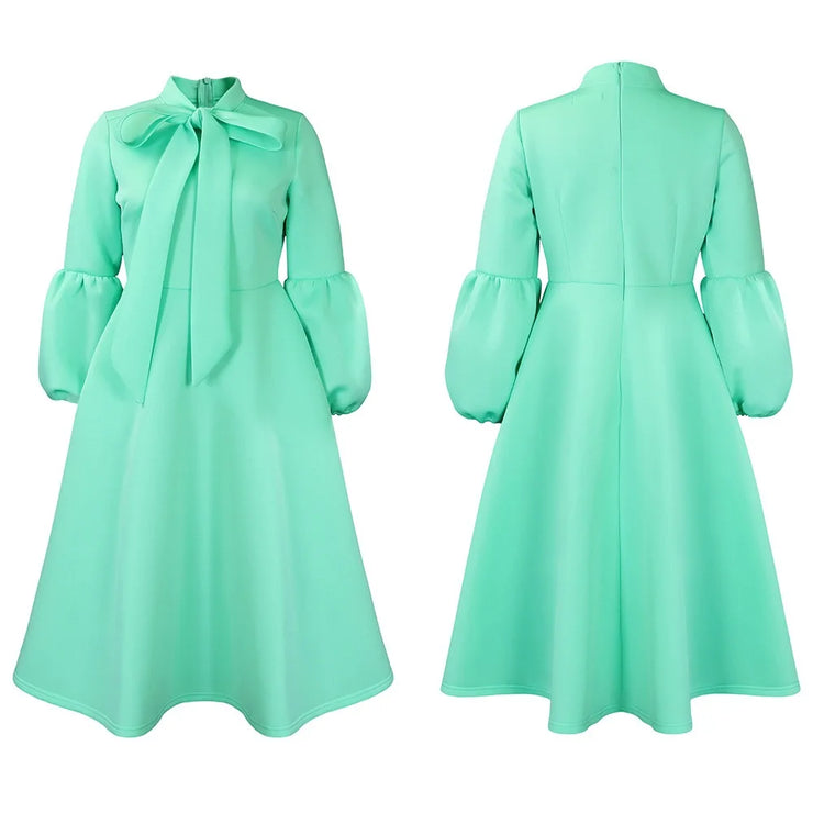 Elegant Dresses for Women Bow Collar Full Sleeve High Waisted Pleated Mid Calf Luxury Birthday Party Dinner Vestidos Mujer Dress