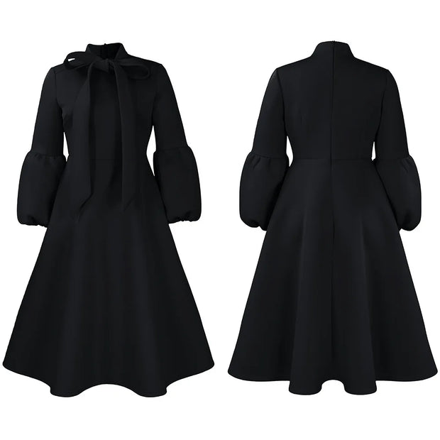 Elegant Dresses for Women Bow Collar Full Sleeve High Waisted Pleated Mid Calf Luxury Birthday Party Dinner Vestidos Mujer Dress