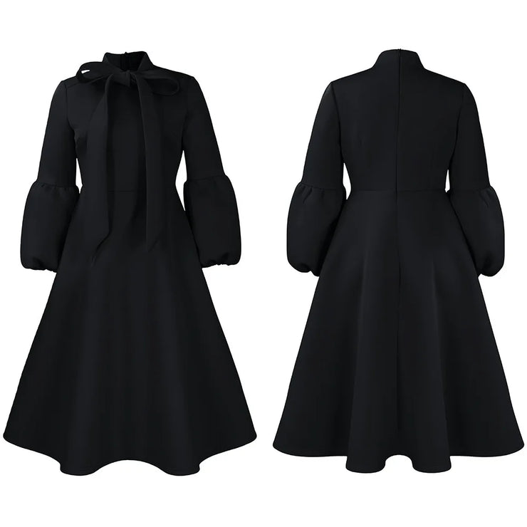 Elegant Dresses for Women Bow Collar Full Sleeve High Waisted Pleated Mid Calf Luxury Birthday Party Dinner Vestidos Mujer Dress