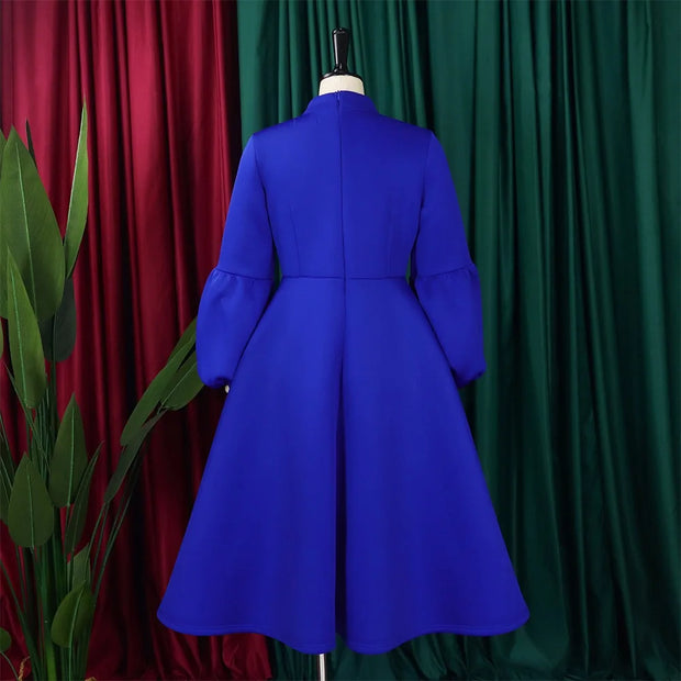 Elegant Dresses for Women Bow Collar Full Sleeve High Waisted Pleated Mid Calf Luxury Birthday Party Dinner Vestidos Mujer Dress