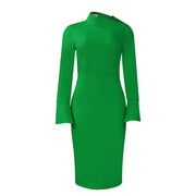 Dresses for Women 2024 New Skew Collar Full Sleeve Solid Sheath Package Hips Mid Calf Professional African Business Work Dress