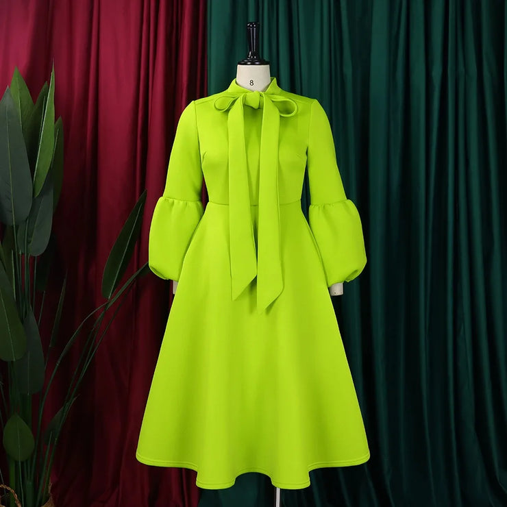 Elegant Dresses for Women Bow Collar Full Sleeve High Waisted Pleated Mid Calf Luxury Birthday Party Dinner Vestidos Mujer Dress