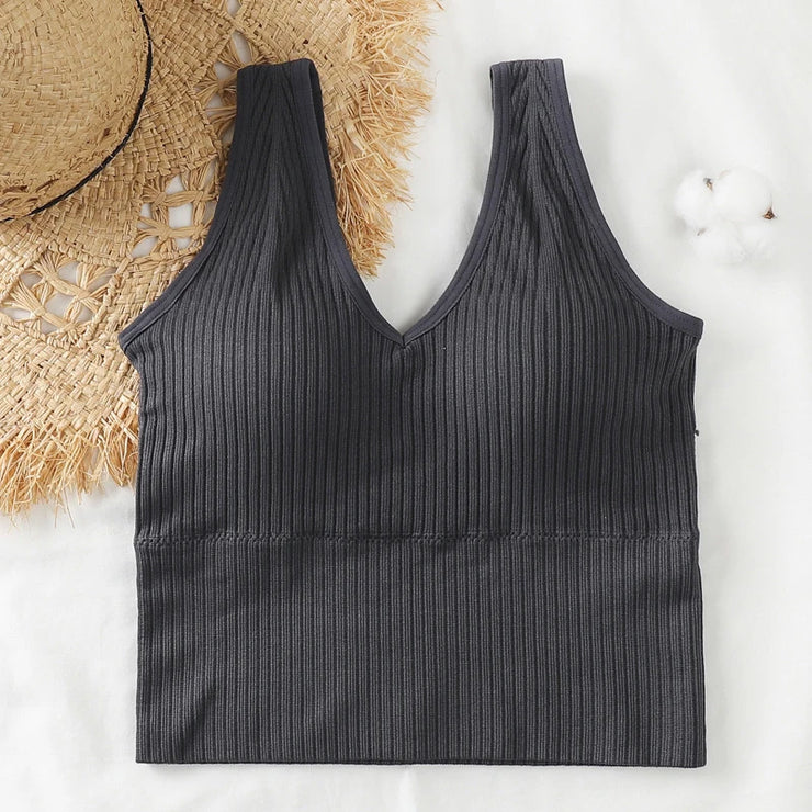 Bra Tops Summer V Neck Rib Crop Tank Top With Detachable Bra Pads Sleevelss Solid Color Backless Sporty Bra Top