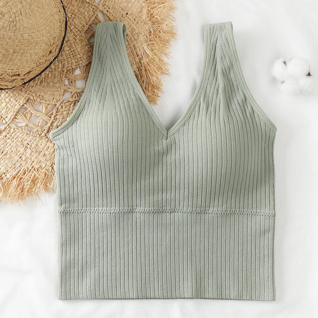 Bra Tops Summer V Neck Rib Crop Tank Top With Detachable Bra Pads Sleevelss Solid Color Backless Sporty Bra Top