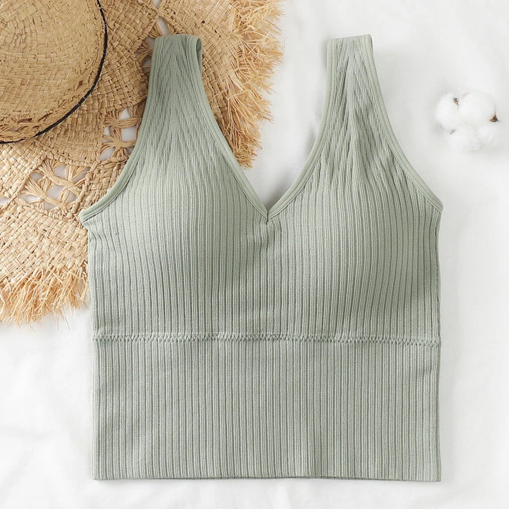 Bra Tops Summer V Neck Rib Crop Tank Top With Detachable Bra Pads Sleevelss Solid Color Backless Sporty Bra Top