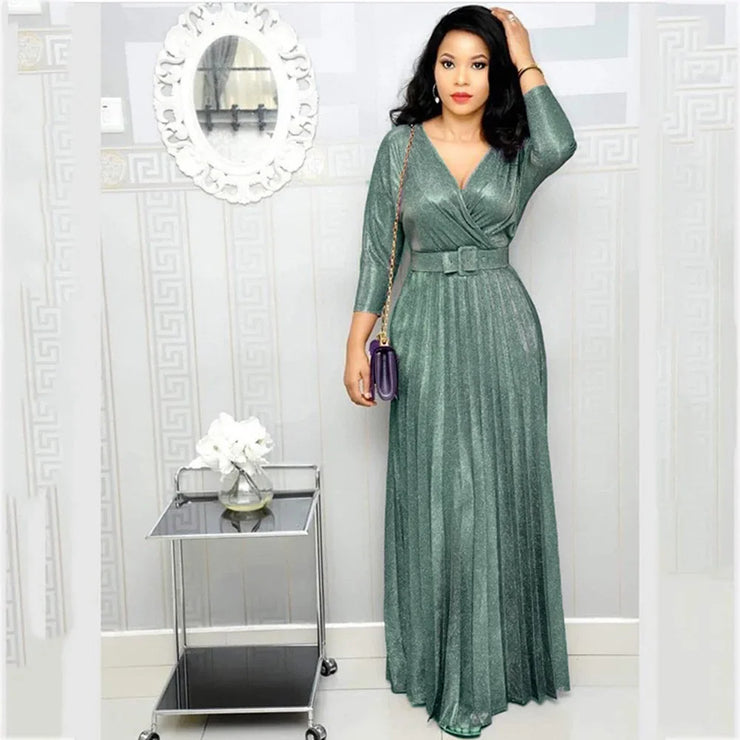 Dresses For Women Elegant Party Low Cut Sequined Gown Dress With Belt Nine Point Sleeve Ruffle Hem Flowy Long Dress Plus Size