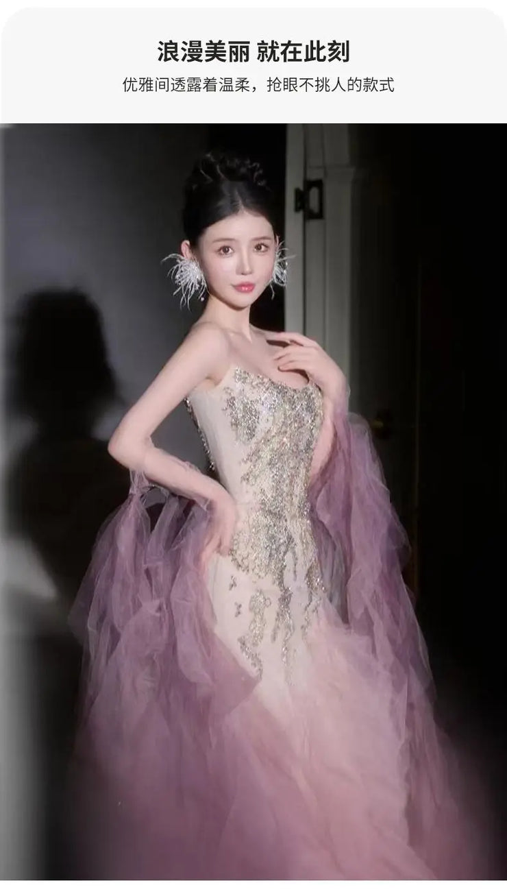 Woman's Dresses Pink Evening Dress High-End Light Luxury Niche Strapless Bridal Engagement Dress Elegant Evening Dress