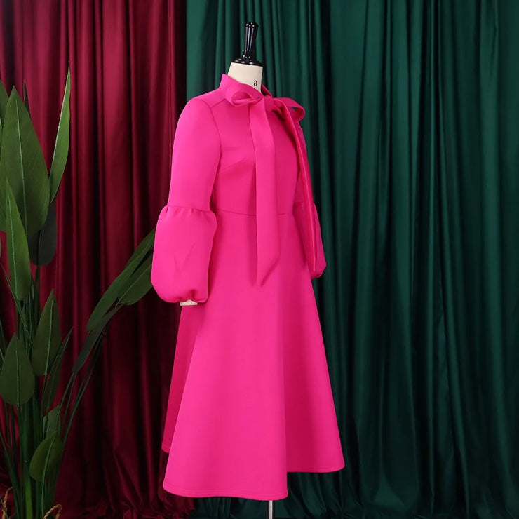 Elegant Dresses for Women Bow Collar Full Sleeve High Waisted Pleated Mid Calf Luxury Birthday Party Dinner Vestidos Mujer Dress