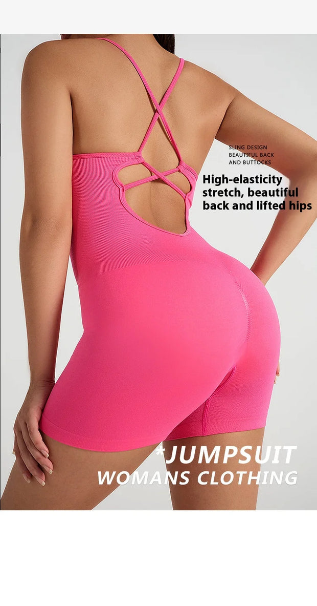 Gym Jumpsuits for Women Sport Overalls Sleeveless Fitness Yoga Suit Elastic Workout Short Bodysuit Push-up Athletic Wear