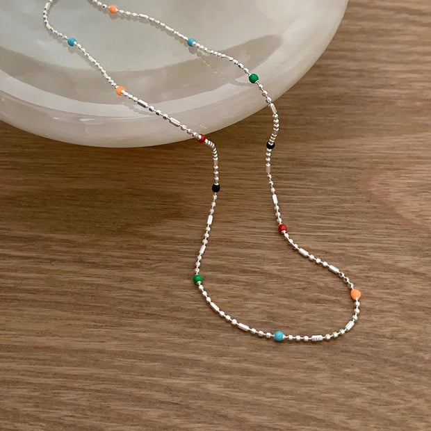 925 Silver Sterling Silver Necklace With Simple Geometric Multicolour Beads Choker Shiny Delicate Collarbone Chain For Women's