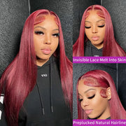 13x6 Red Straight HD Lace Front Wig Pre-Plucked Glueless Long Straight 99j Burgundy Synthetic Lace Front Wigs For Black Women