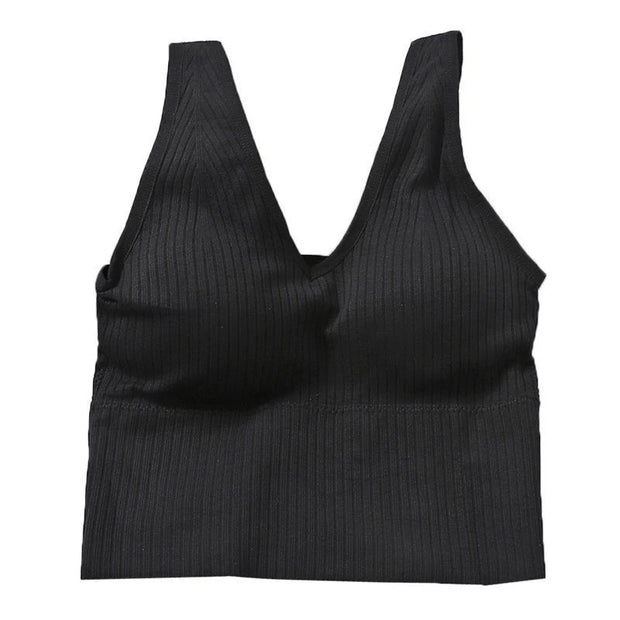 Bra Tops Summer V Neck Rib Crop Tank Top With Detachable Bra Pads Sleevelss Solid Color Backless Sporty Bra Top