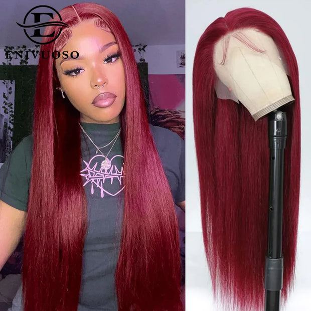 13x6 Red Straight HD Lace Front Wig Pre-Plucked Glueless Long Straight 99j Burgundy Synthetic Lace Front Wigs For Black Women