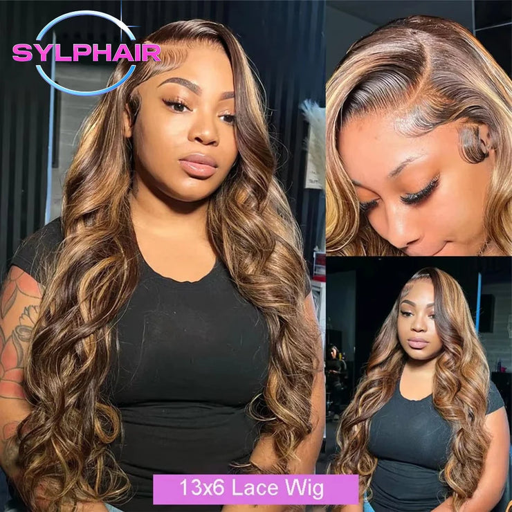 Highlight 13x4 Lace Frontal Wig Human Hair Body Wave 13x6 Hd Lace Front Wig For Women 4/27 Blonde Ombre Brown Colored Wig 36Inch