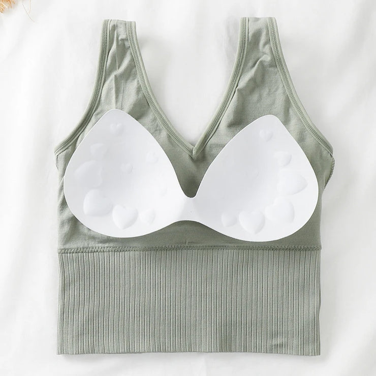 Bra Tops Summer V Neck Rib Crop Tank Top With Detachable Bra Pads Sleevelss Solid Color Backless Sporty Bra Top