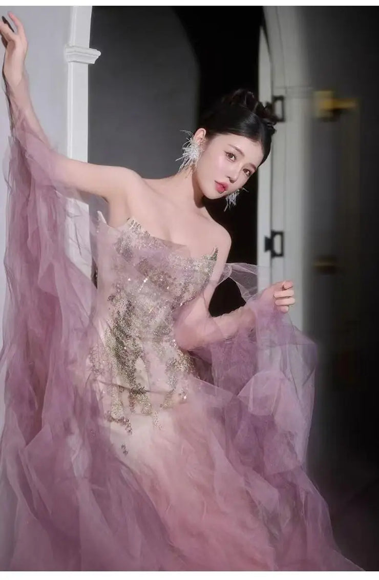 Woman's Dresses Pink Evening Dress High-End Light Luxury Niche Strapless Bridal Engagement Dress Elegant Evening Dress