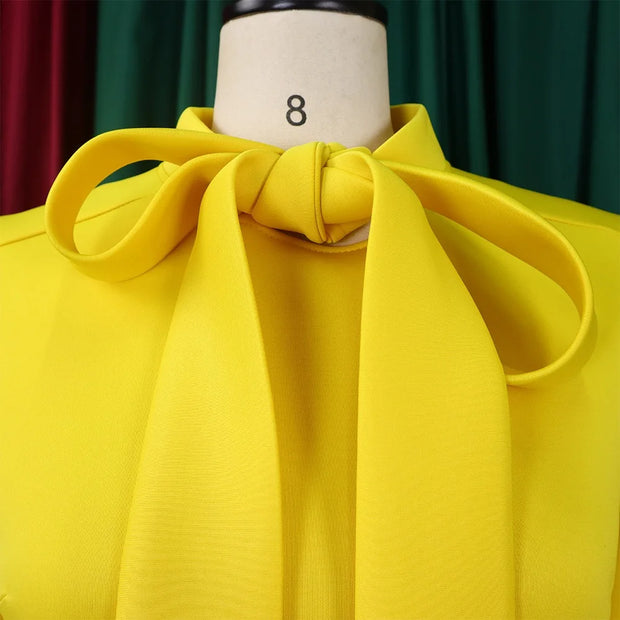 Elegant Dresses for Women Bow Collar Full Sleeve High Waisted Pleated Mid Calf Luxury Birthday Party Dinner Vestidos Mujer Dress