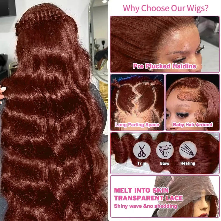HD 13x4 Reddish Brown Body Wave Lace Frontal Human Hair Wigs Water Wave Brazilian Pre Plucked 13x6 Lace Front Wig For Women