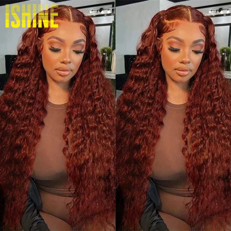 ISHINE Reddish Brown Deep Curly 13x4 Lace Frontal Wig Human Hair 13x6 Curly 34 Inch HD Lace Front Wigs Red Wine Water Wave
