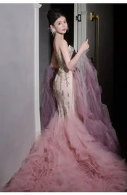 Woman's Dresses Pink Evening Dress High-End Light Luxury Niche Strapless Bridal Engagement Dress Elegant Evening Dress