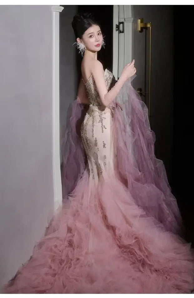 Woman's Dresses Pink Evening Dress High-End Light Luxury Niche Strapless Bridal Engagement Dress Elegant Evening Dress