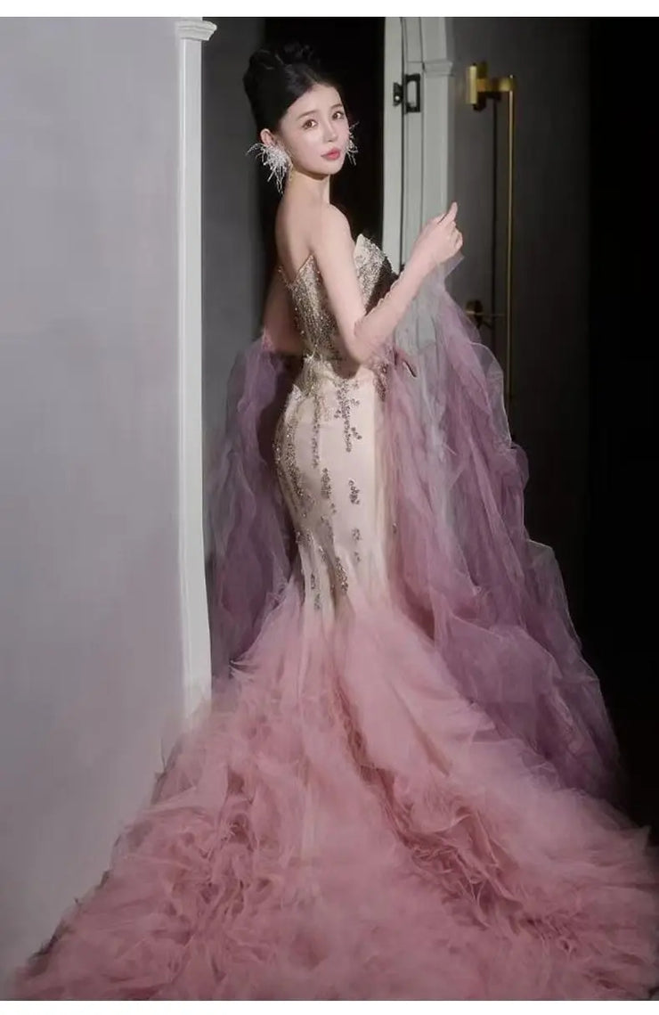 Woman's Dresses Pink Evening Dress High-End Light Luxury Niche Strapless Bridal Engagement Dress Elegant Evening Dress