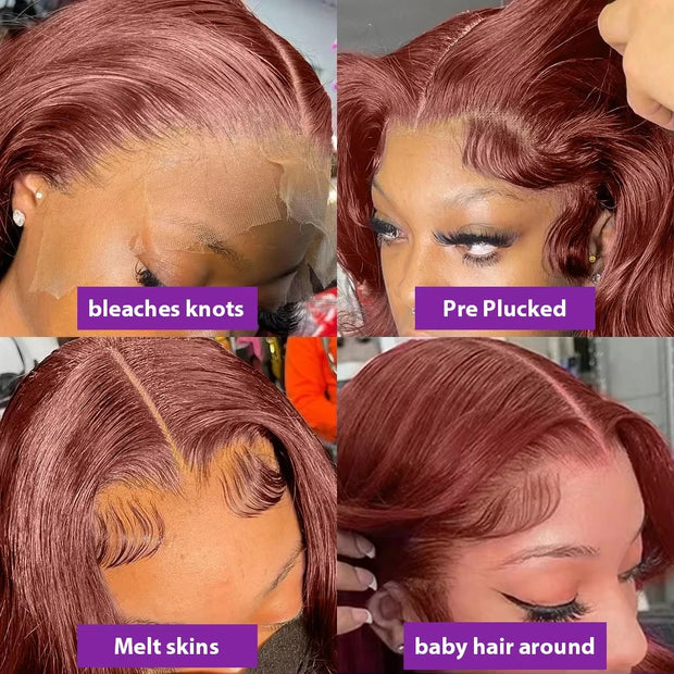 HD 13x4 Reddish Brown Body Wave Lace Frontal Human Hair Wigs Water Wave Brazilian Pre Plucked 13x6 Lace Front Wig For Women