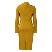 Dresses for Women 2024 New Skew Collar Full Sleeve Solid Sheath Package Hips Mid Calf Professional African Business Work Dress