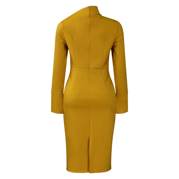 Dresses for Women 2024 New Skew Collar Full Sleeve Solid Sheath Package Hips Mid Calf Professional African Business Work Dress
