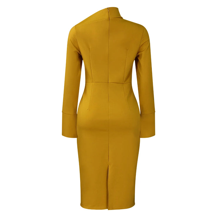 Dresses for Women 2024 New Skew Collar Full Sleeve Solid Sheath Package Hips Mid Calf Professional African Business Work Dress