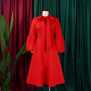 Elegant Dresses for Women Bow Collar Full Sleeve High Waisted Pleated Mid Calf Luxury Birthday Party Dinner Vestidos Mujer Dress