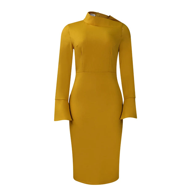 Dresses for Women 2024 New Skew Collar Full Sleeve Solid Sheath Package Hips Mid Calf Professional African Business Work Dress