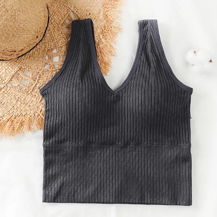 Bra Tops Summer V Neck Rib Crop Tank Top With Detachable Bra Pads Sleevelss Solid Color Backless Sporty Bra Top