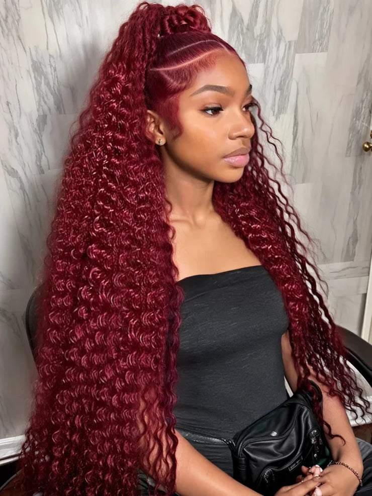 ISHINE Reddish Brown Deep Curly 13x4 Lace Frontal Wig Human Hair 13x6 Curly 34 Inch HD Lace Front Wigs Red Wine Water Wave