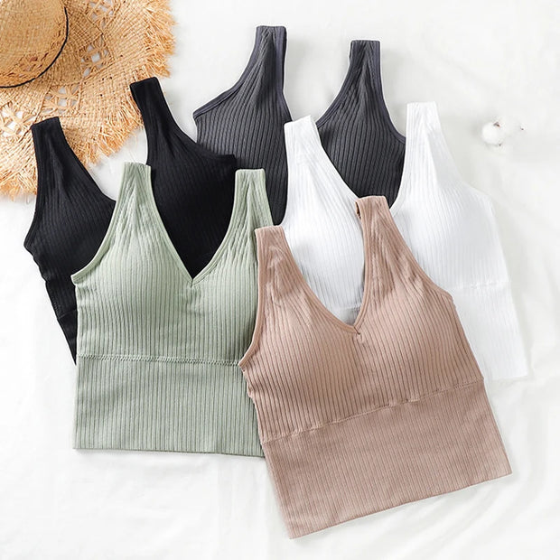 Bra Tops Summer V Neck Rib Crop Tank Top With Detachable Bra Pads Sleevelss Solid Color Backless Sporty Bra Top