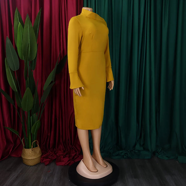 Dresses for Women 2024 New Skew Collar Full Sleeve Solid Sheath Package Hips Mid Calf Professional African Business Work Dress