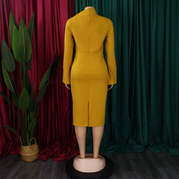 Dresses for Women 2024 New Skew Collar Full Sleeve Solid Sheath Package Hips Mid Calf Professional African Business Work Dress